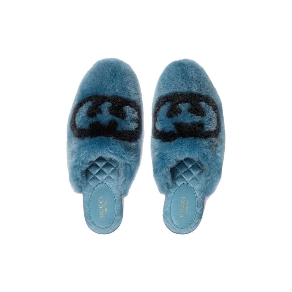 Gucci Interlocking G Faux Fur Slippers Blue Black Women's 719847 AAAUL 8439