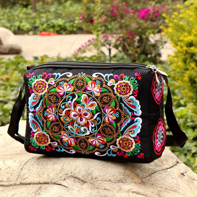 Yunnan Ethnic Embroidered One-Shoulder Crossbody Bag with Three Zippers - Large Size for Ladies