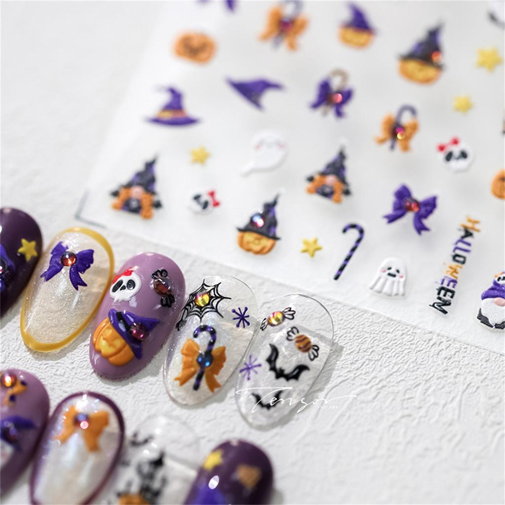 1pcs 5D Colorful Rhinestones Pumpkin Ghost Nail Art Halloween Stickers Adhesive Transfer Nail Decoration Decals Accessory