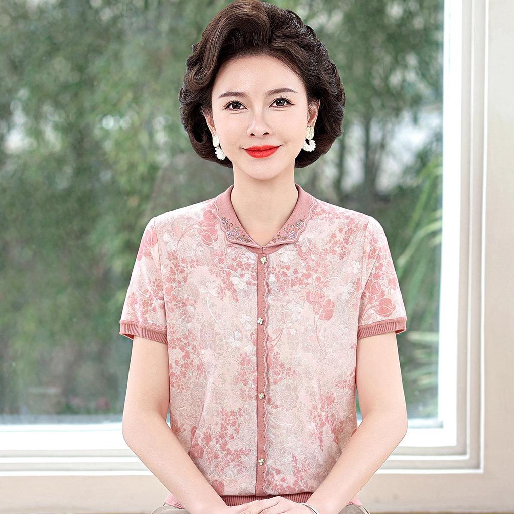 Women's Ice Silk Summer T-Shirt: Chic Short-Sleeved Blouse for Middle-Aged Moms (40-50+).
