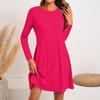 Women's Fashion Casual Color Round Neck Long Sleeve Short Side Pocket Dress