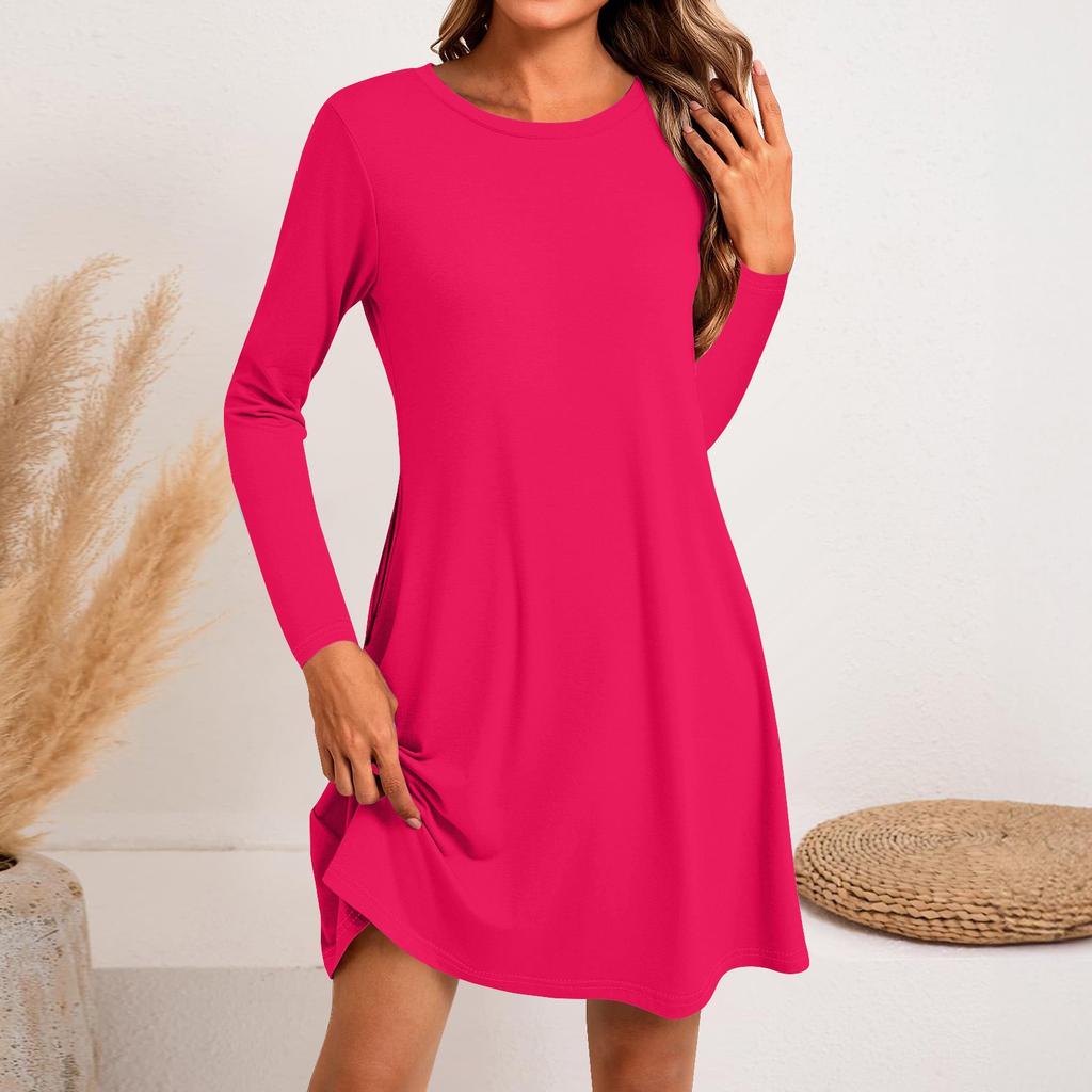 Women's Fashion Casual Color Round Neck Long Sleeve Short Side Pocket Dress