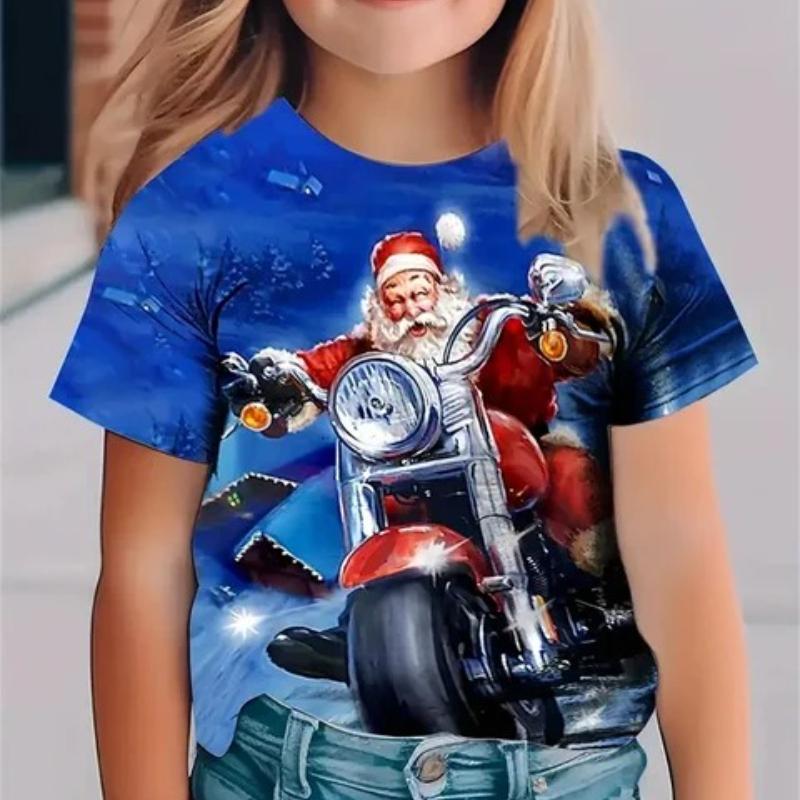 Children's Santa Claus Printed New Year T-Shirts Kids Unisex Comfortable Fashion Top Short Sleeve