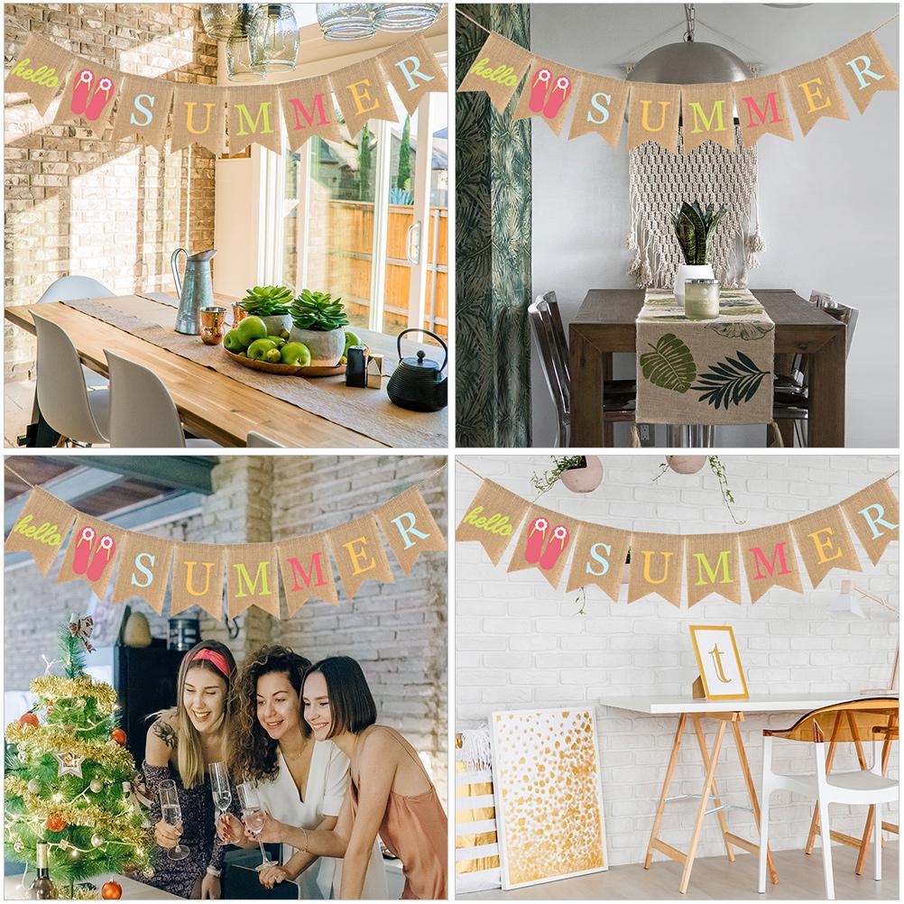 Summer Hanging Flag Beach Party Banner Pool Decorations for Kids Birthday Hawaiian Linen Bunting