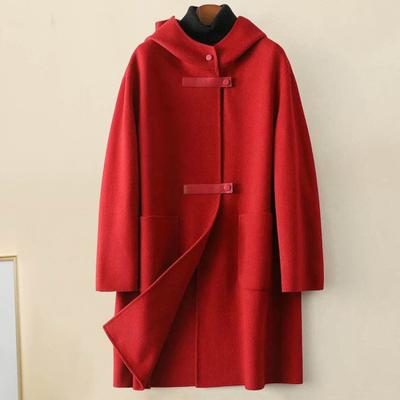 Winter Double Sided Woolen Coat Women Solid Color Hooded Overcoat Loose Large Pockets