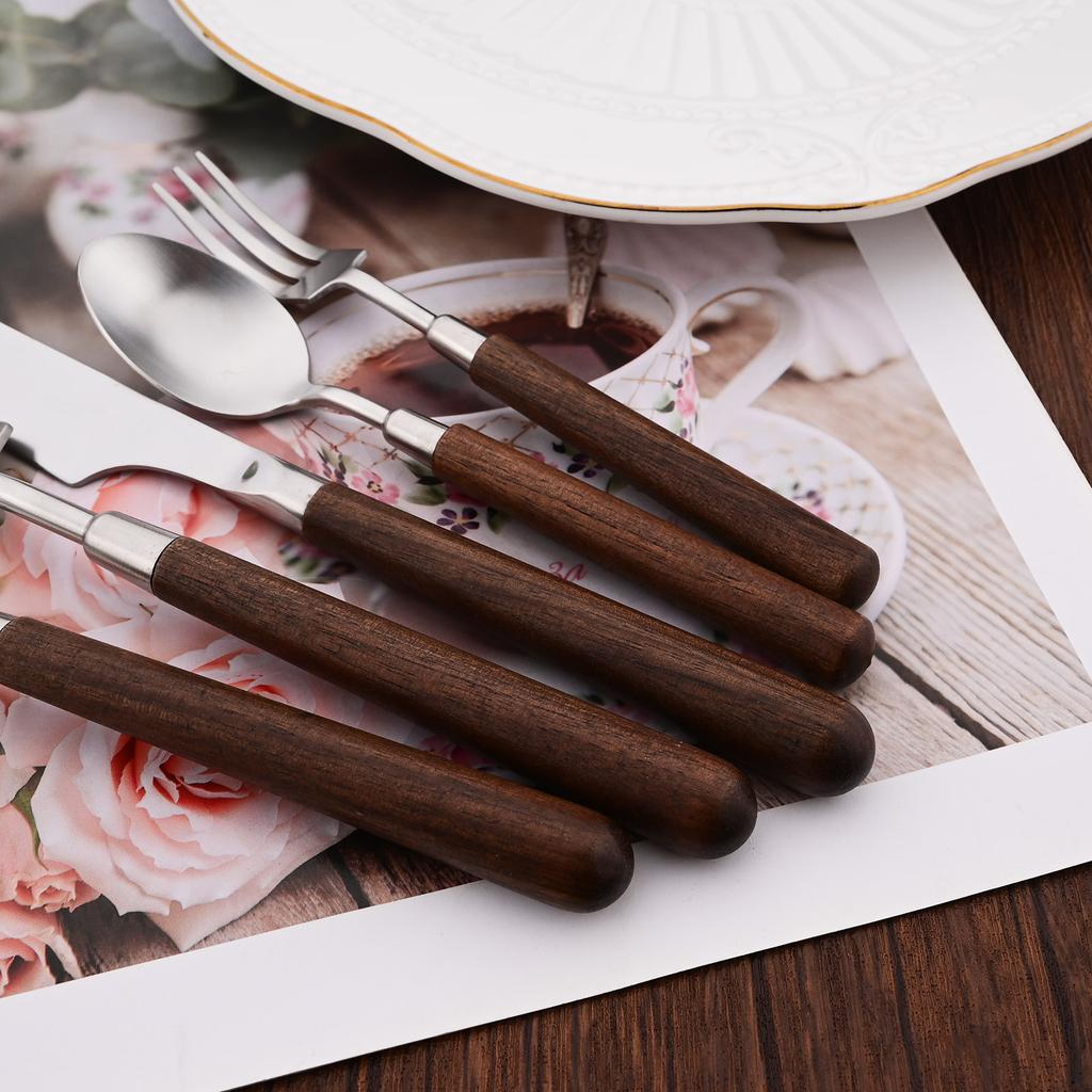 Wooden Handle Stainless Steel Cutlery Set 5Pcs Tableware Fork Spoon Knife Dinner Utensils for Home Kitchen