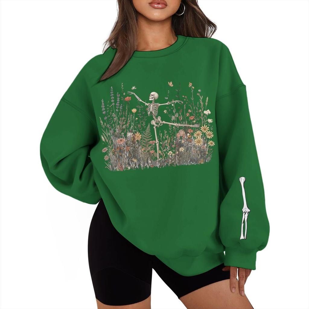 Halloween Skeleton Graveyard Print Sweatshirt Vintage Spooky Season Streetwear Fun Halloween Pullover For Men Women