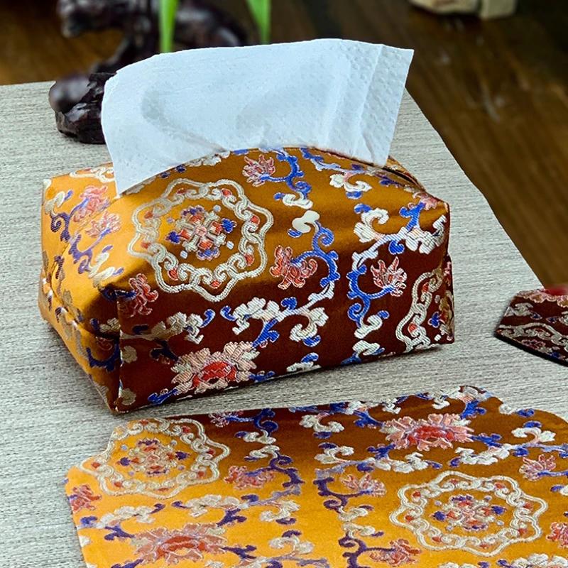 Chinese-style Vintage Tissue Case Tissue Cover Fabric Drawing Box Living Room Bedroom Table Paper Storage Bag Household Desktop