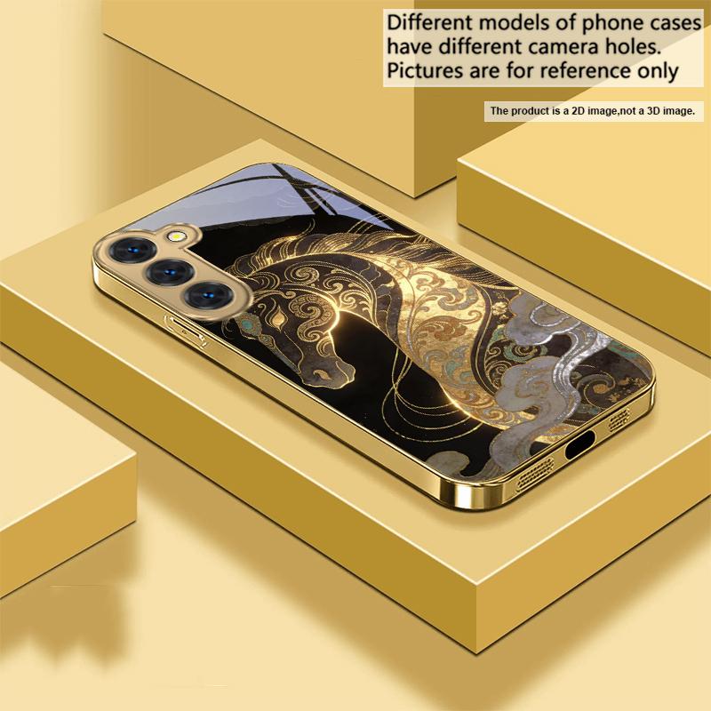 Ruishou Golden Steed For Samsung Galaxy S26 S20 FE S21 S22 S23Plus S24 Ultra 25Ultra S21+ S9 S22 S8 S23 Golden Glass Phone Case