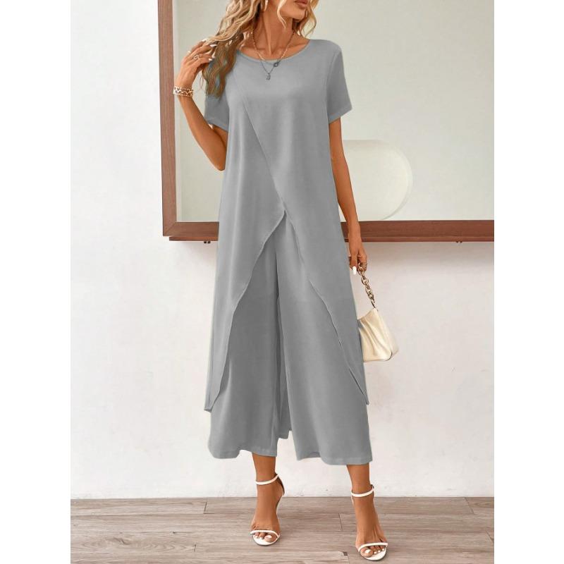 IHUASU Women's Fashion Casual Short Sleeve O-Neck Pants Suits