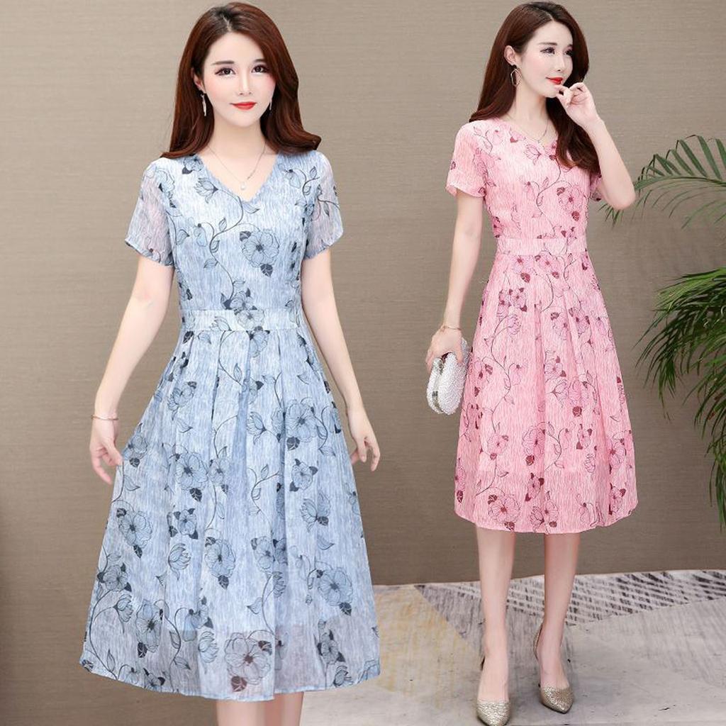 Fashion Casual Women O-Neck Short Sleeve Ladies Loose  Print Knee Length Dress