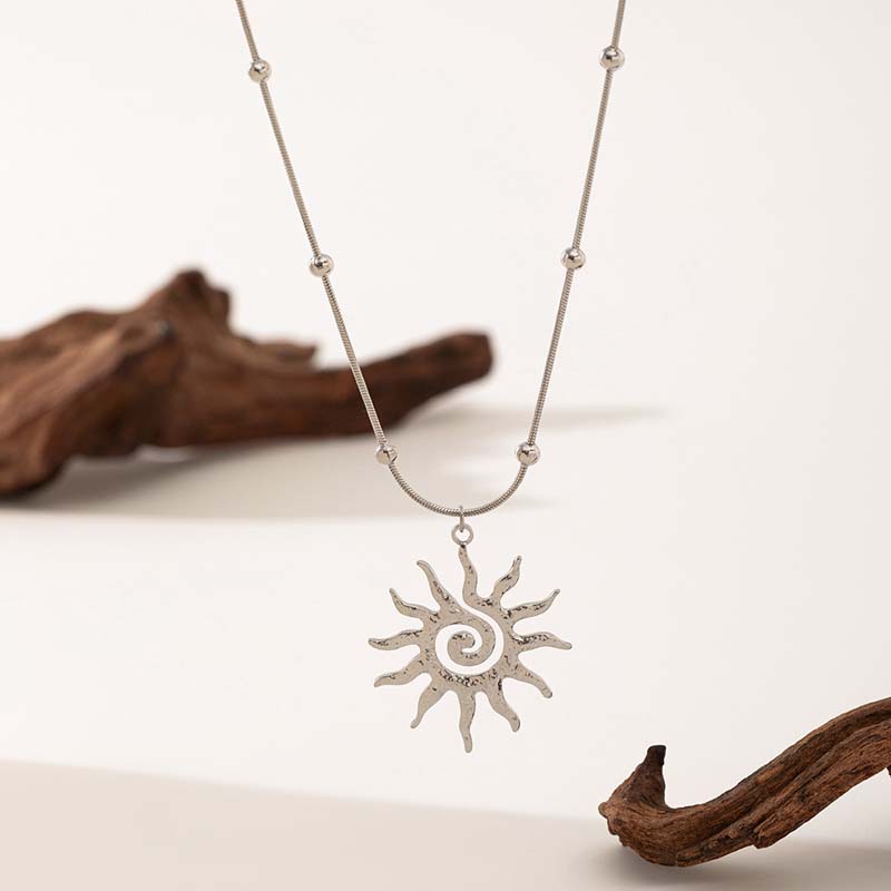 Stainless Steel Spiral Sun Pendant Necklaces Earrings Set for Women Trendy Gold Color Snake Bone Chain Bead Choker Zircon Gifts