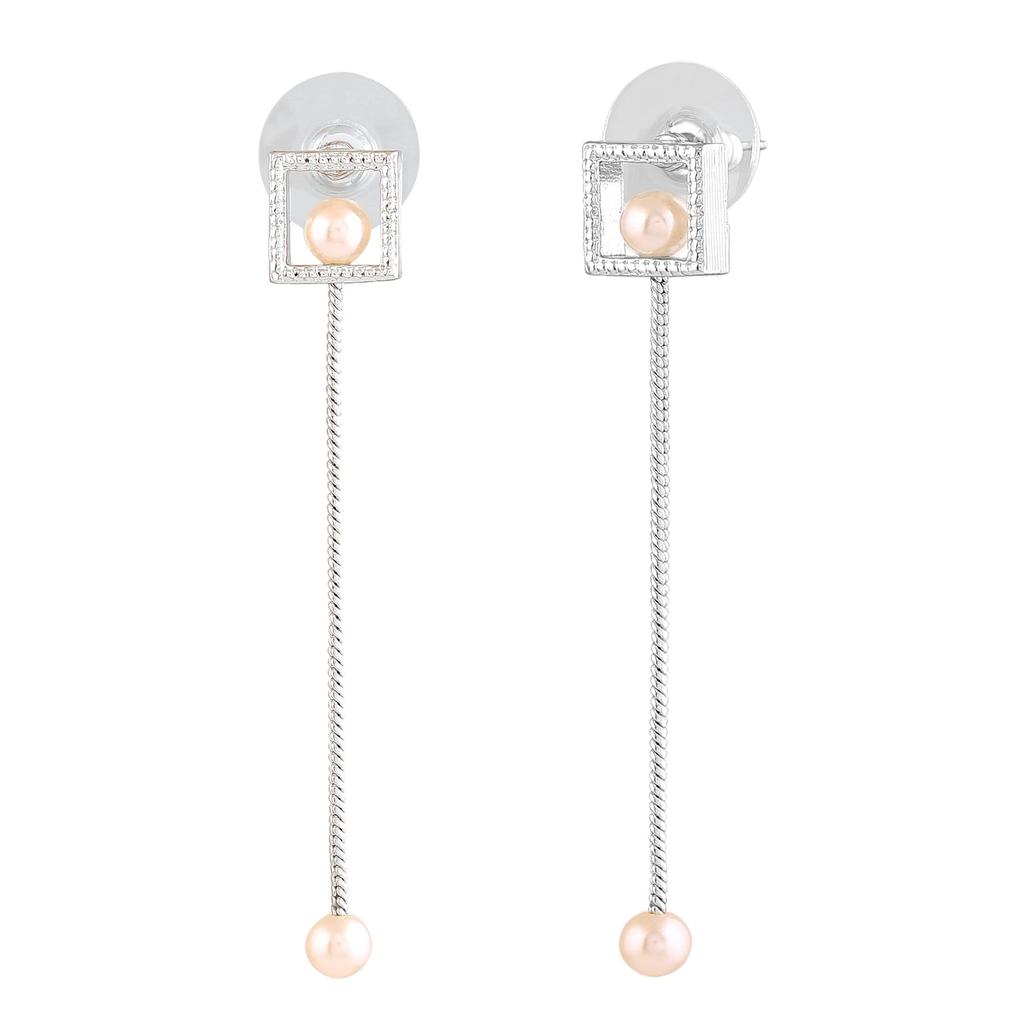 Estele Square Designer Tassel Earrings Rhodium Plated White Pearl For Girls Women