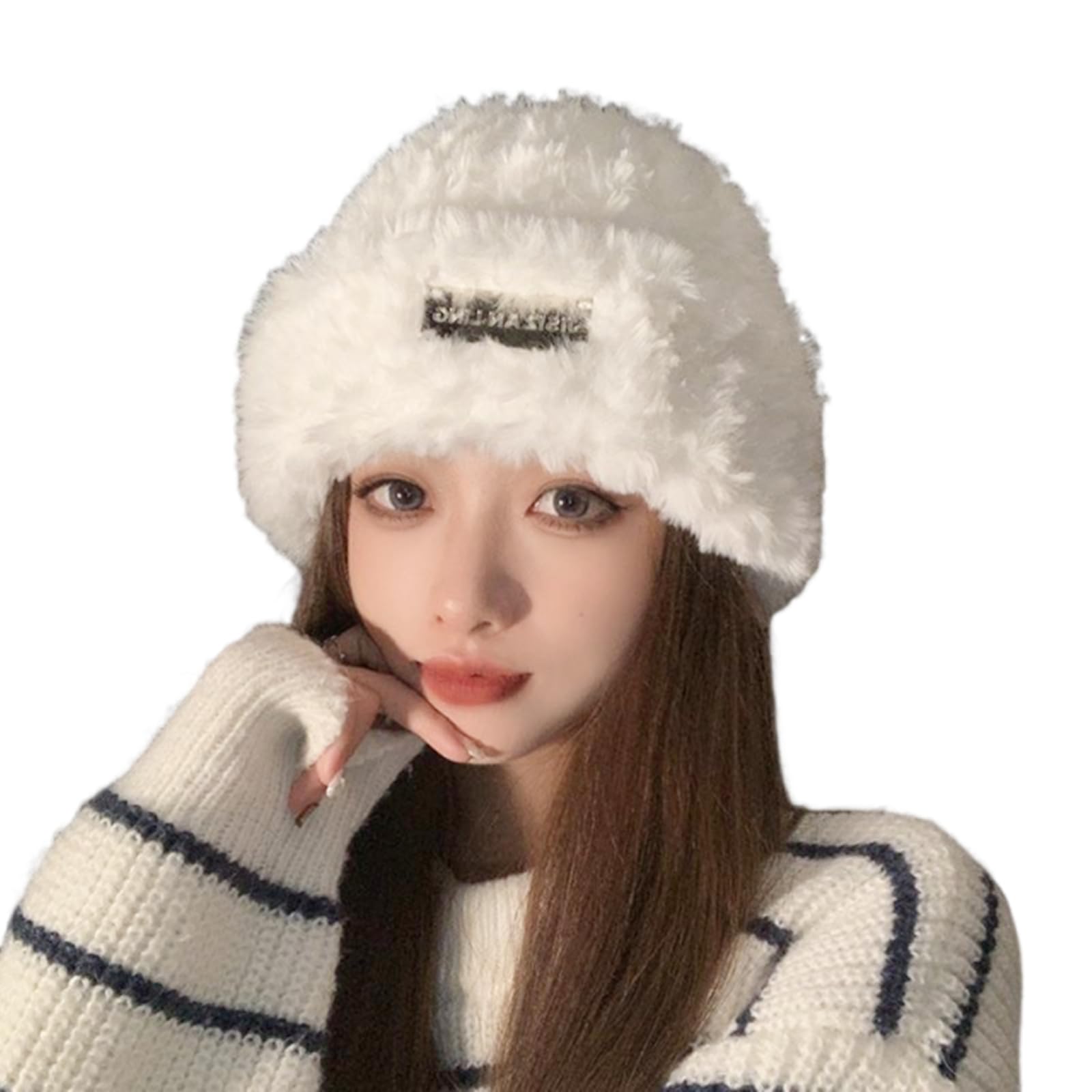 Lamerry Пушистый Вязаный Вязаный Субкультура Корейский Харадзюку Мина Свободный Оверсайз Холодная Шапка, Кепка, Стиль, Y2K, Стиль, Стиль, Стиль, Посадка, Шапка, Осень/Зима, белый