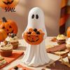 Kid Friendly Halloween Ornaments Resin Ghost Statue with Pumpkin Candy Bowl, Cute Figurine, Trick Multi Functional Storage Figure or Treat Holder for