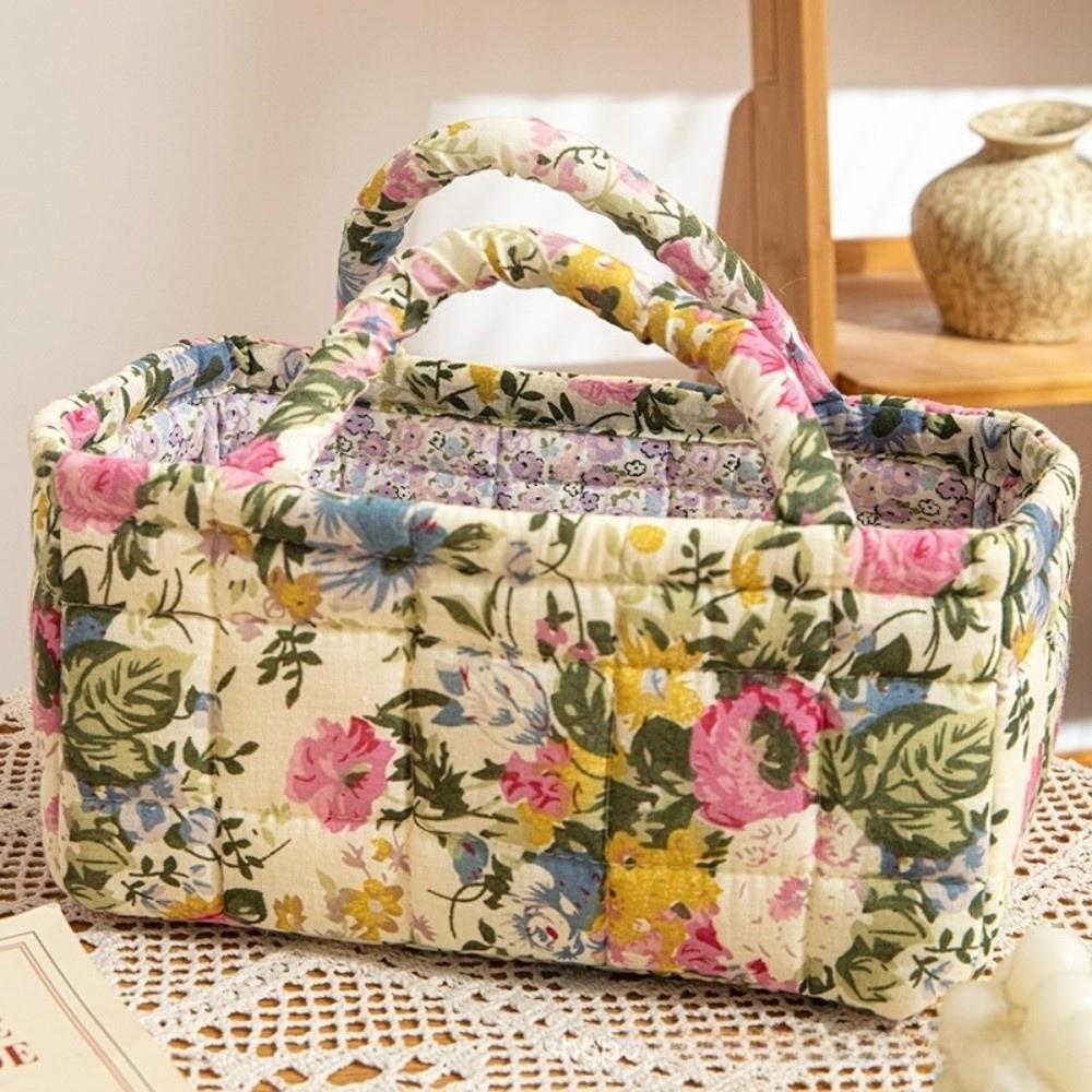 Floral Pattern Bento Handbags Patchwork Design Foldable Shopper Bag Portable Cotton Material Cosmetic Bag Home Textile Storage