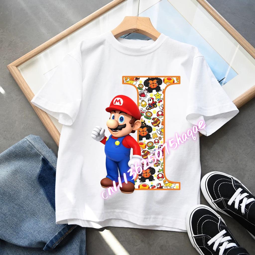 2026 Super Mario Boys and Girls Cartoon letter AZ Printed Birthday Clothing Childrens Fashion Short Sleeve Role Playing Top