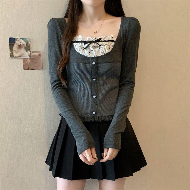 Квадратный вырез Сладкий и пряный горошек Пэчворк Имитация двойки Лонгслив Французский дизайн Нишевая пуговица Кружевная блузка S серый