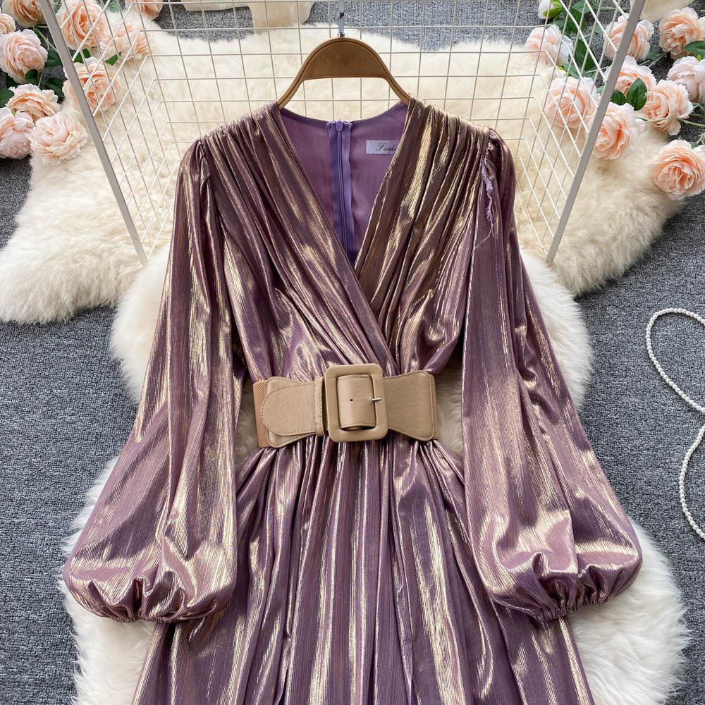 RUGOD Rochii europene și americane Temperament high-end cu decolteu în V Talie subțire și ușoară Stil matur Rochie lungă cu leagăn mare Femei