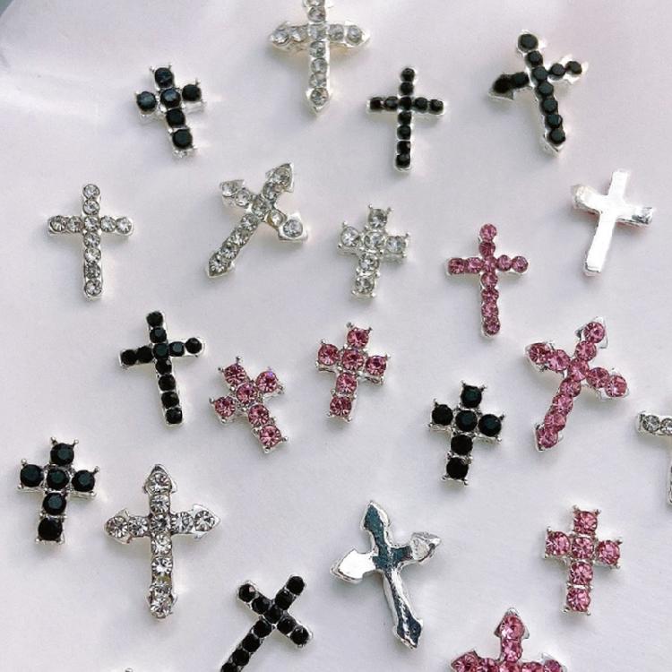 10Pcs Retro Cross Nail Charm Alloy Rhinestones Cross Charms Punk Gothic Nail Art