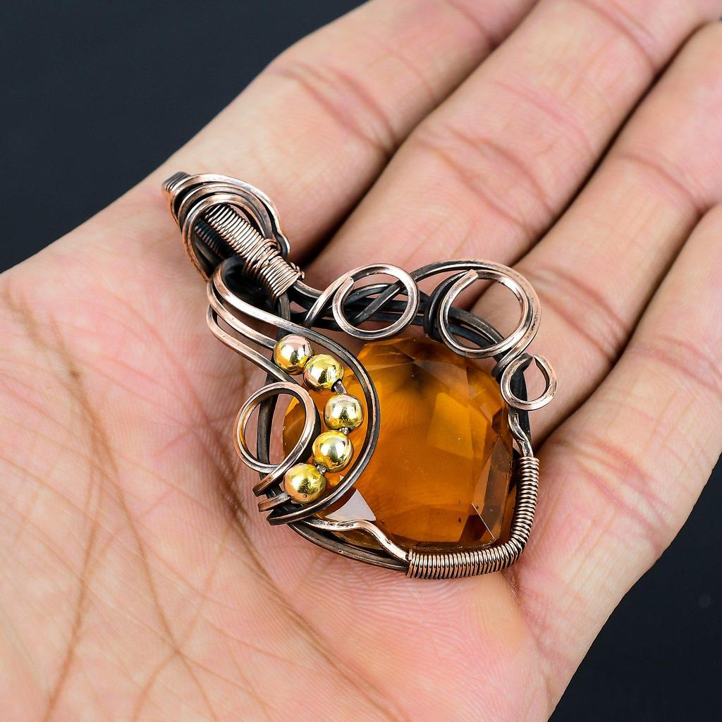 Citrine Gemstone Handmade Pure Copper Wire Wrapped Pendant Jewelry For Memorial Day