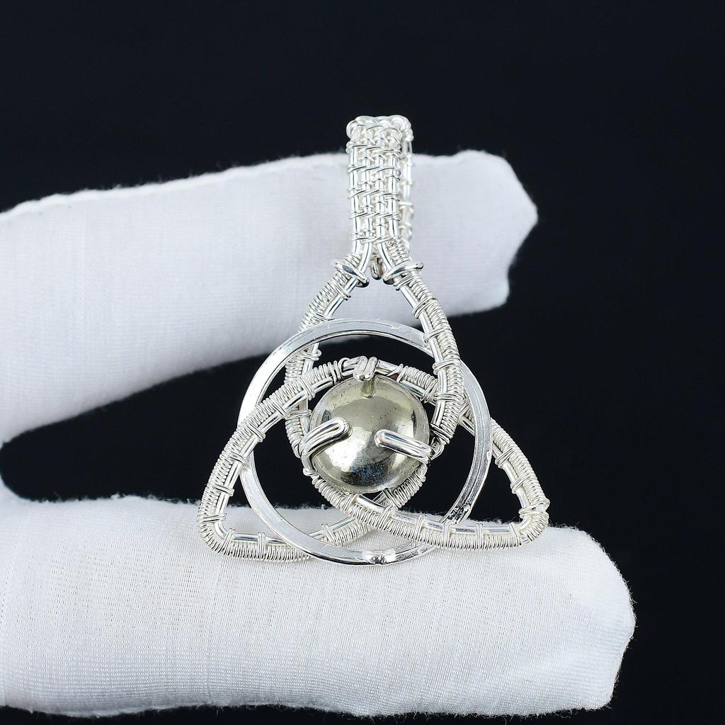Natura Golden Apache Pyrite Gemstone Silver Pendant In 925 Sterling Silver- Handmade Design, Celtic Family Knot Wire Wrapped Everyday Jewelry, Gifts