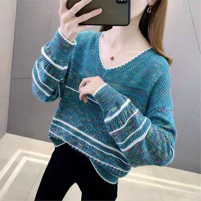 Sweater for Women In Spring Summer Fresh Color Blocking V-neck Hollow Out Long Sleeved Retro Casual Knit Sweater for Women Breathable Inner Layer