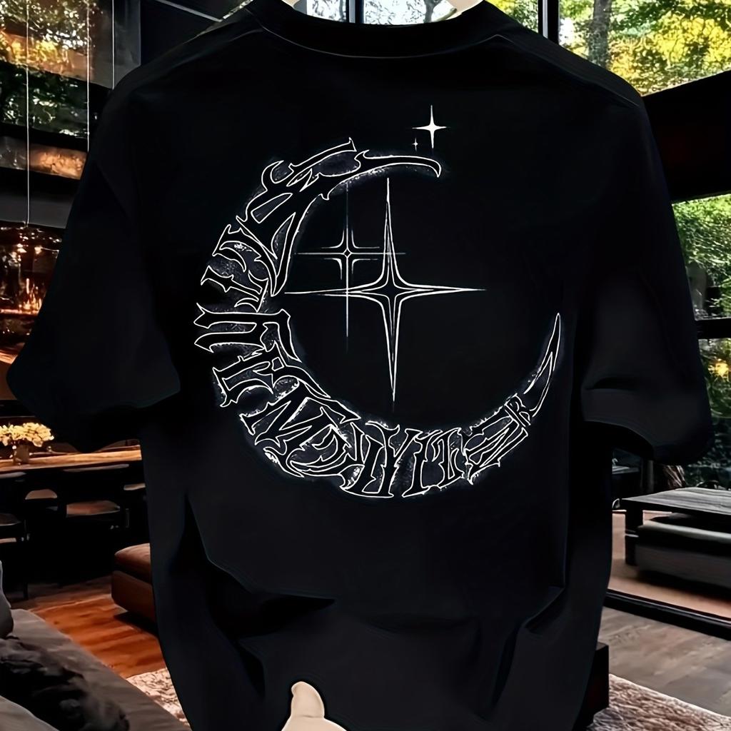 Men Cotton Graphic T-Shirt Summer Short Sleeve Tee with Crossed Swords and Crescent Moon Design Clothing