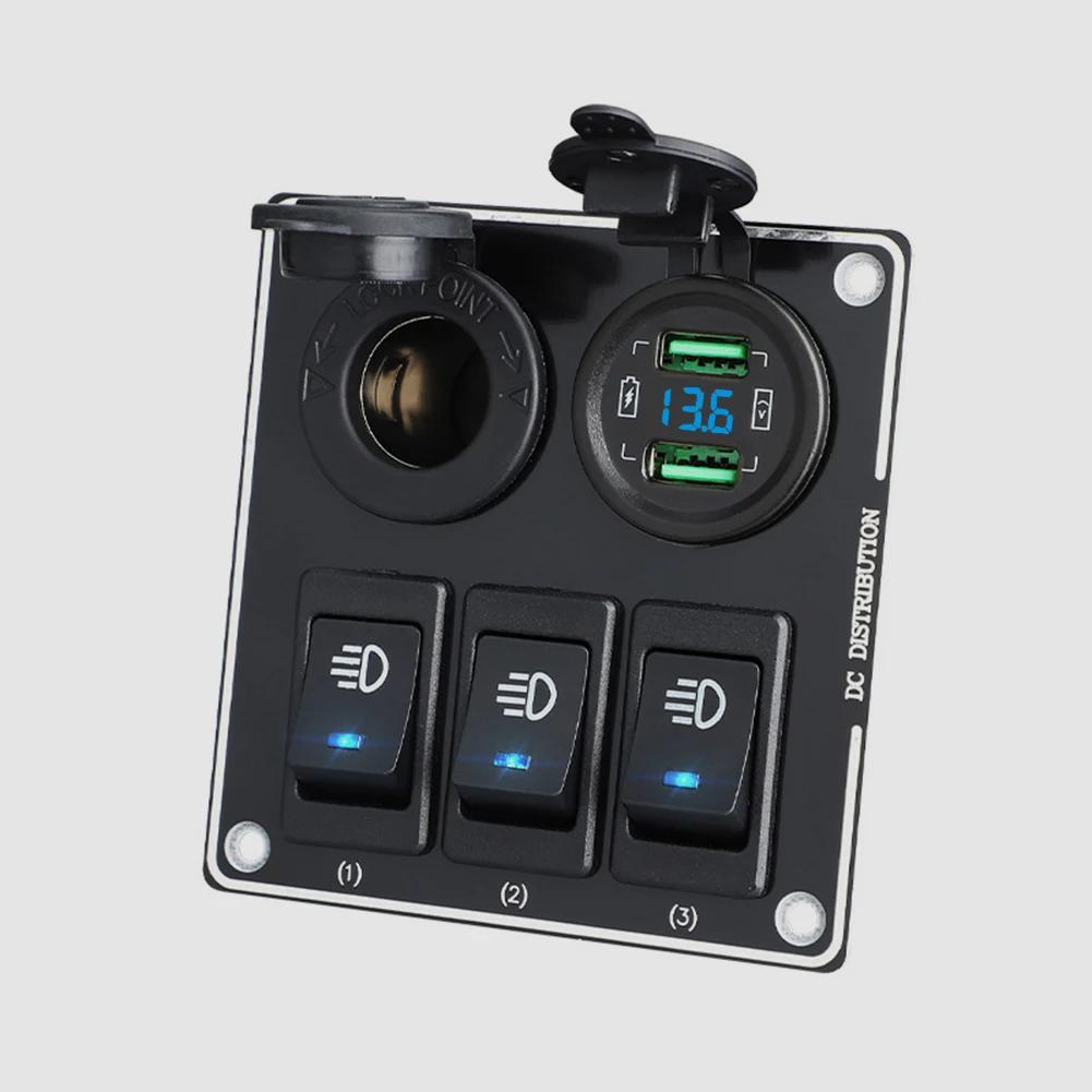 12/24V 3 Gang LED Rocker Switch Panel Boat Truck Car Lights Toggle Buttons Circuit Breaker USB Chargers Power Adapter Voltmeter