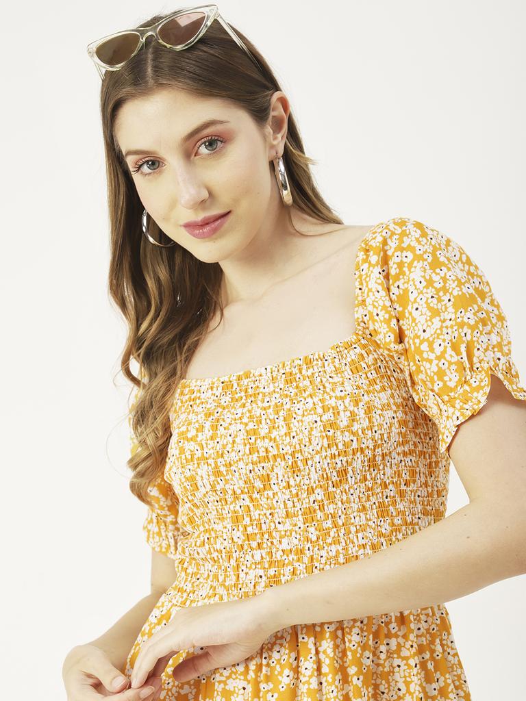 Moomaya Printed Viscose Rayon Summer Dress, Square Neck Smocked Long Dress