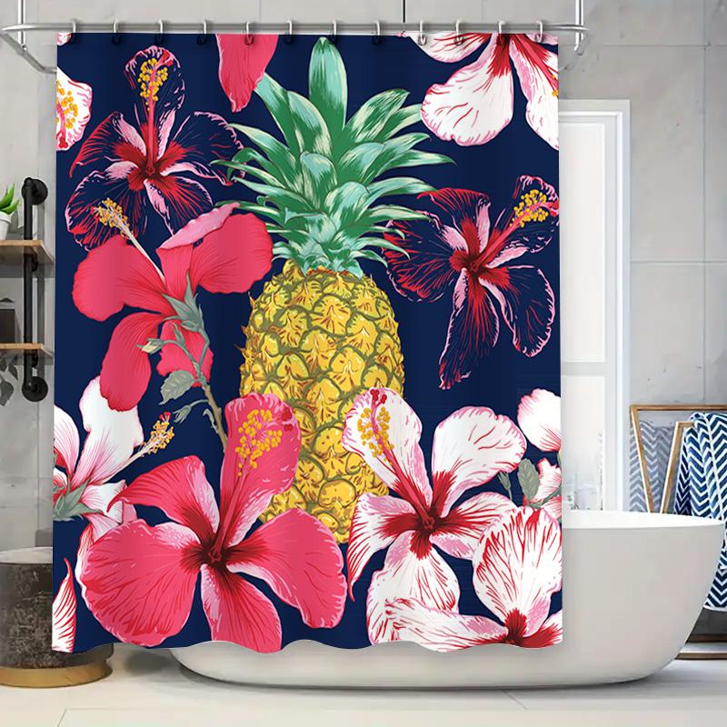 

Tropical Pineapple Hibiscus Printed Shower Curtain For Bathroom Decor Navy Blue, Pink Red Floral 72 X 84 Waterproof Fabric With W60H190(CM)-1 Pcs