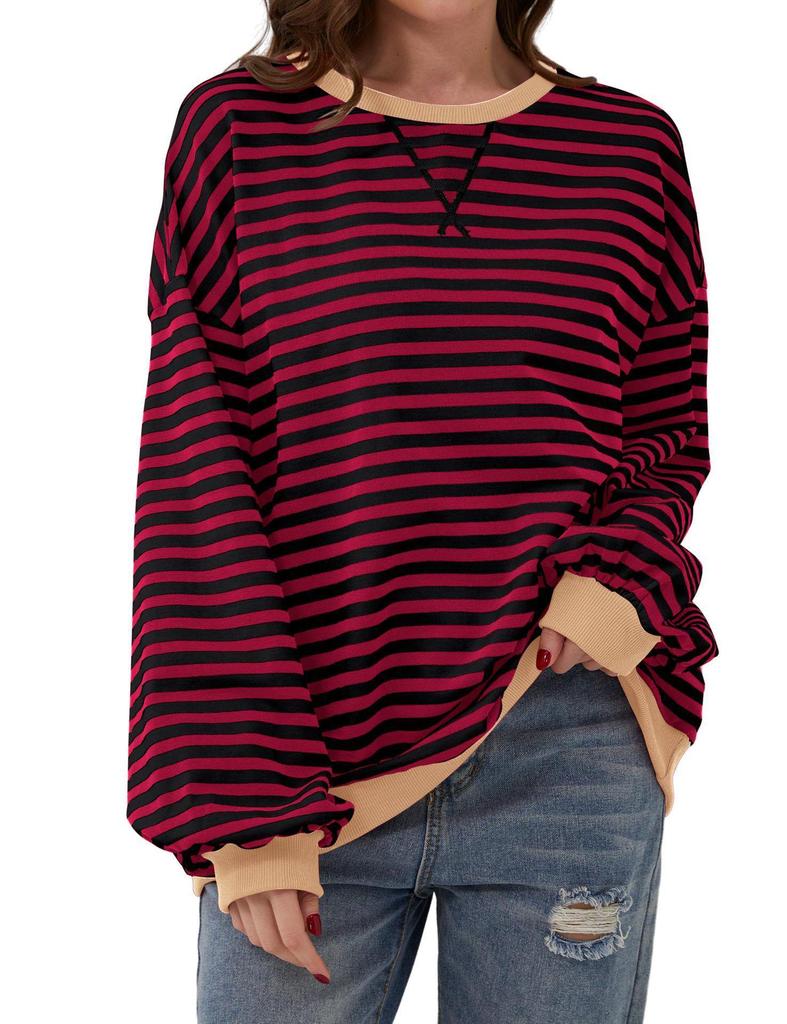 2026 Spring Striped Floral Round Neck Long Sleeve Color Block Hoodie
