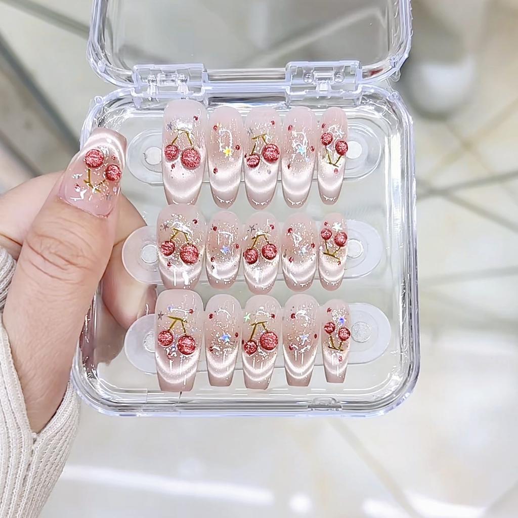 Hand-woven Armored Cat Eye Cherry Three-dimensional Hand-painted Big Cherry French Cat Eye High-end Manicure Sticker