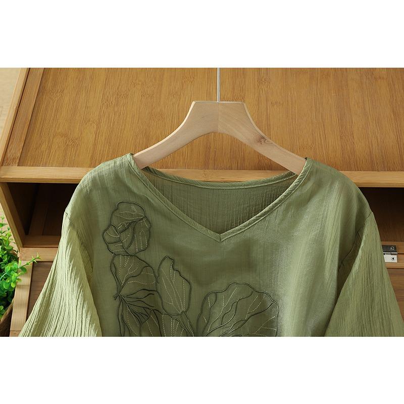 DIMANAF 2026 Women Plus Size New Summer Blouse Shirt Short Sleeve Casual Loose Lady Tops Shirts Linen Embroidery