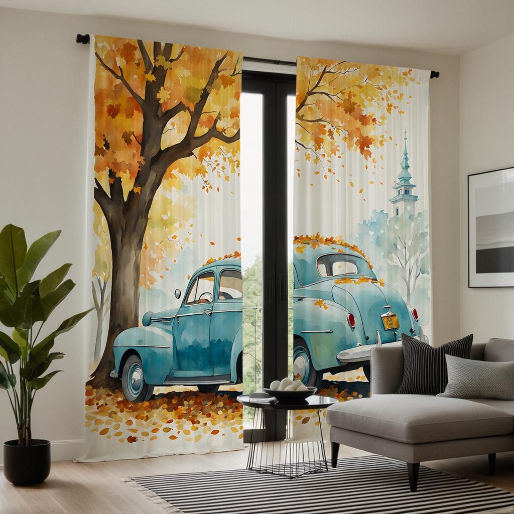 2 Pieces of HD Autumn Leaves Under the Blue Classic Car Curtain Yellow Digital Printed Curtain Home Decoration Style Decoration