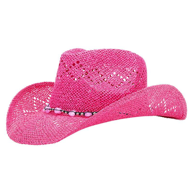 Women Cowboy Hat Unisex Hollow Out Summer Solid Color Curled Edge Strap Jazz Hat Decorative Vintage Braided Lafite Straw Hat