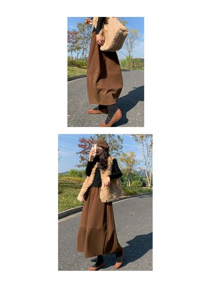 Women's 2026 Black Wool Plaid High-Waist A-line Skirt - Autumn/Winter Slimming Mid-Length