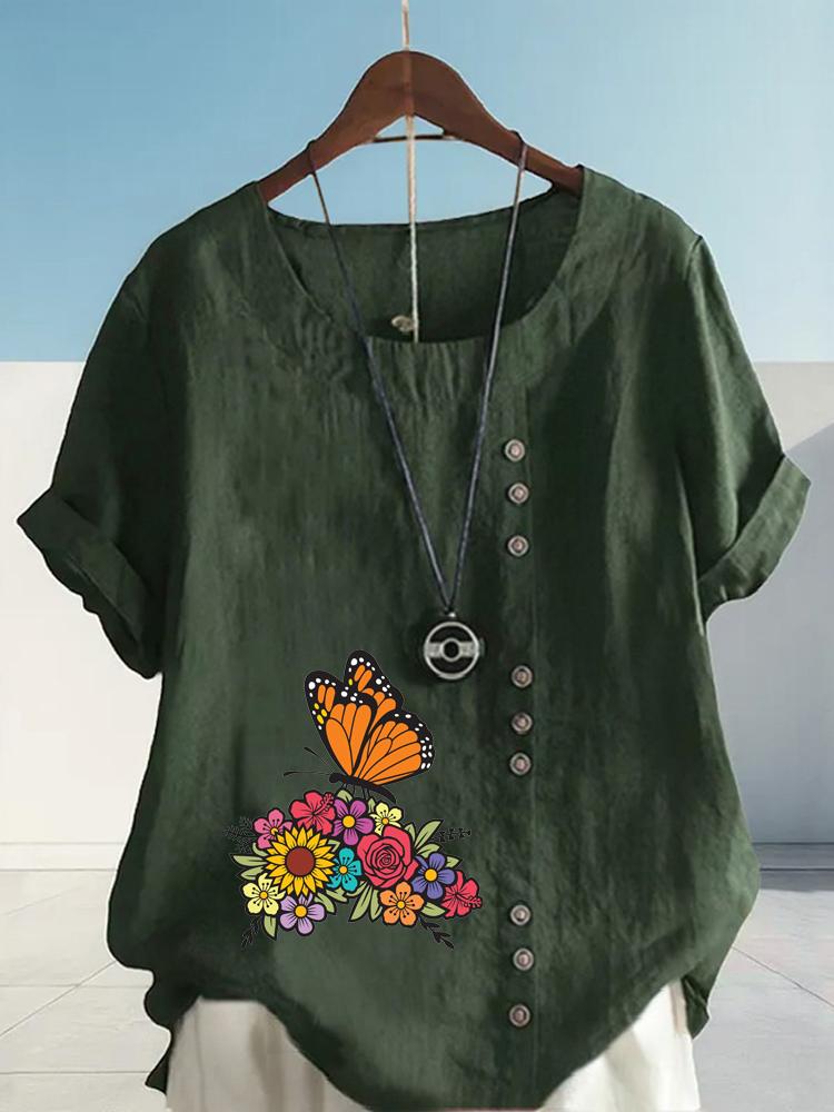 Women's Fashion Butterfly Flowers Print Casual Cotton Linen Short Sleeve Round Neck T-shirt Shirt Leisure Loose Summer Blouse Tops