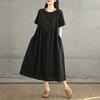Summer Cotton and Linen Round Neck Short Sleeved Dress for Women