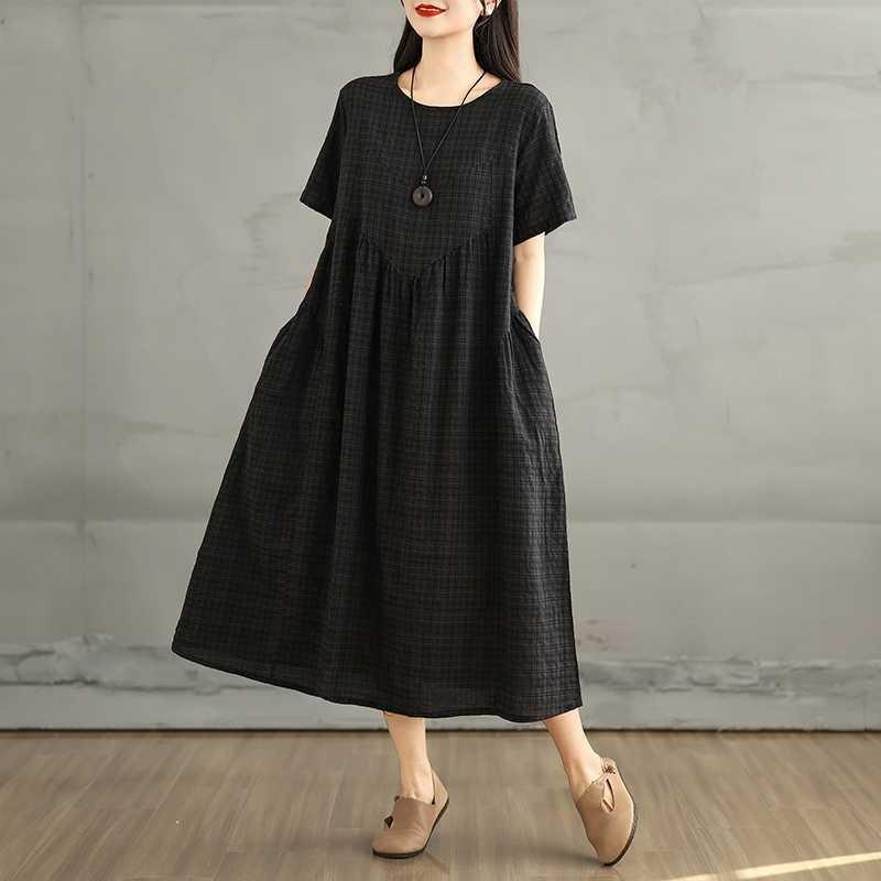 Summer cotton and linen round neck short sleeved dress for women