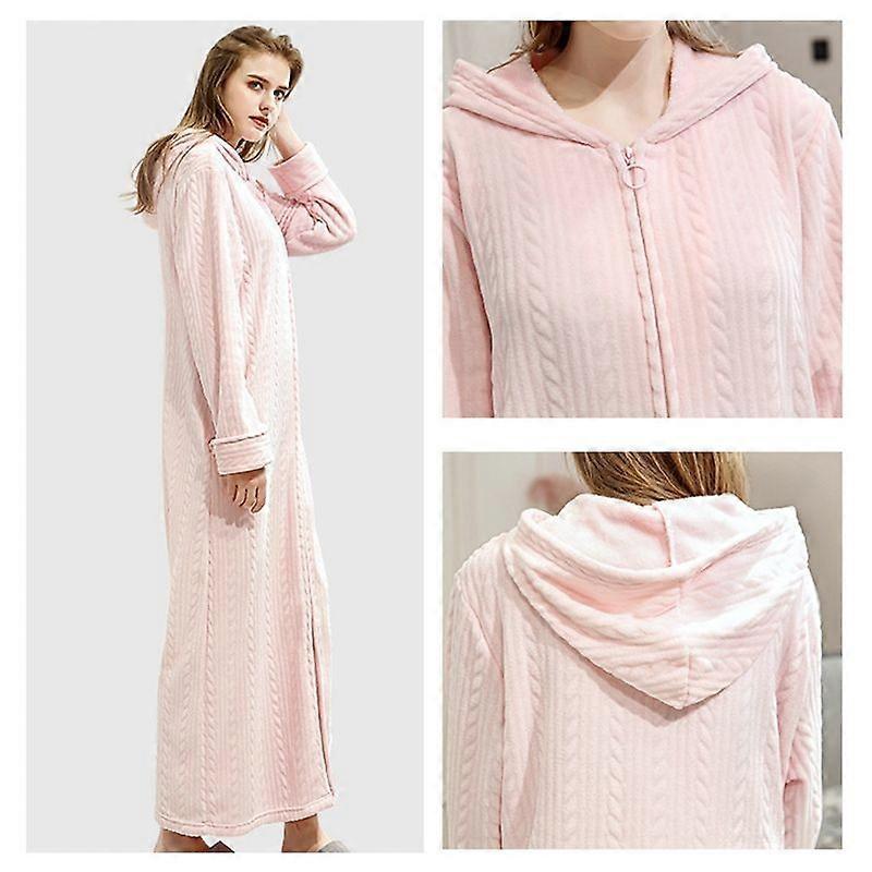 Ladies Hooded Dressing Gown Bath Robe Warm Soft Womens Fleece Zip Up Long Robes
