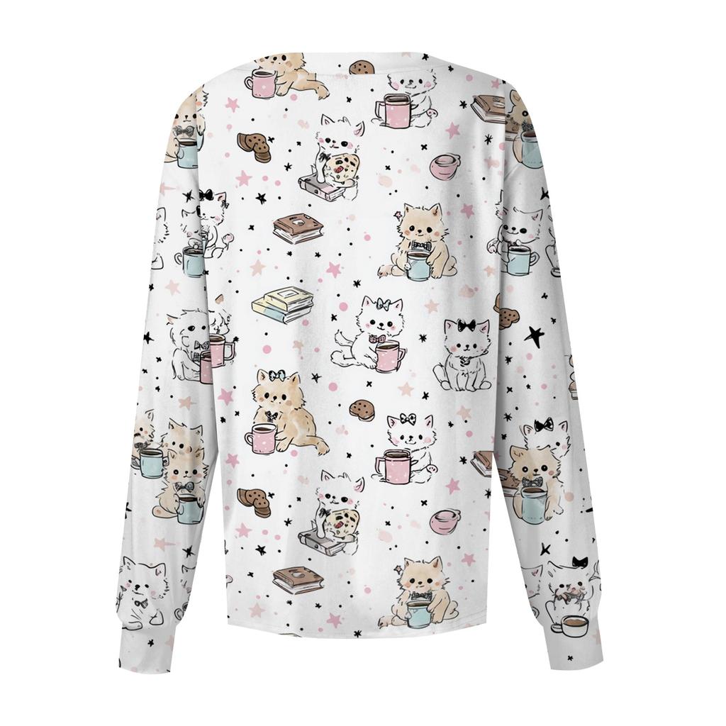 Women's Print Scrub Top - Long Sleeve Single Button Casual Uniform Top for Nurses, Caregivers, and