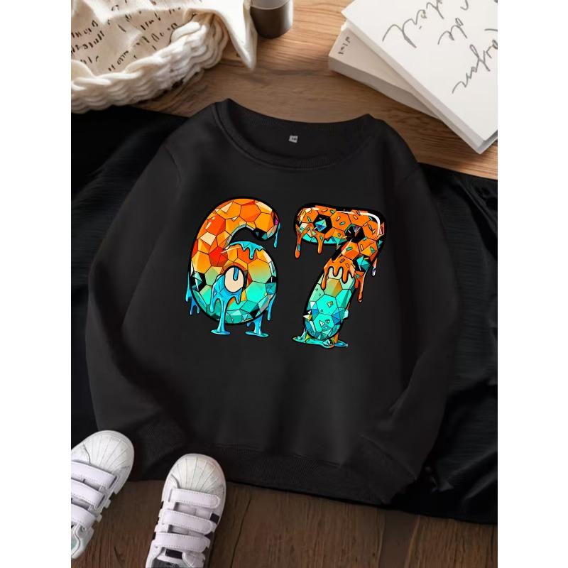 Unisex Kids Crewneck Sweatshirt For Over 4 Years Old Boys Girls Gradient Diamond Drip Melting Number 67  Pullover Top For 4-12 Children