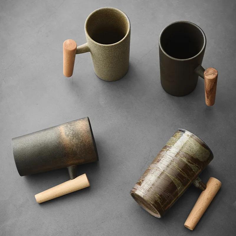 Tazza Personalizzata in Stile Giapponese Cambi di Forno Retro Porcellana Tazze da Caffè Manico in Legno Tazza da Espresso Bicchieri Tazza da Caffè in Ceramica