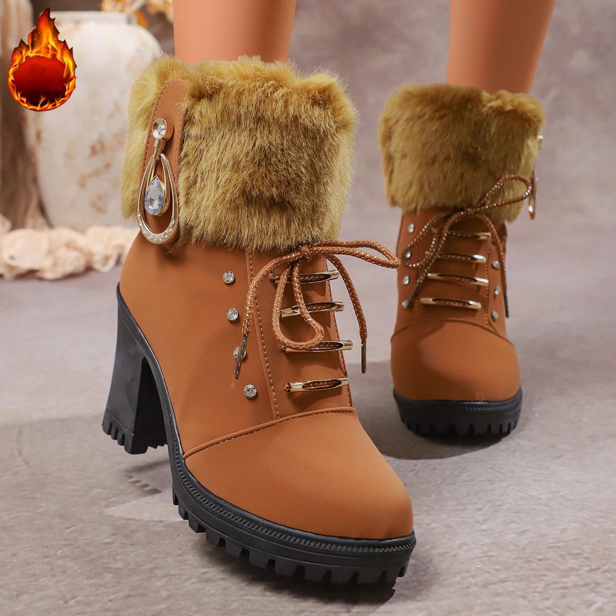 

Winter New Elegant and Sexy Party High heeled Short Boots Fashionable New Round Toe Casual and Comfortable Warm Women s Boots Comfortable Soft Sole No 35