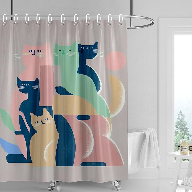 Cartoon cat waterproof shower curtain home decoration bathroom partition shower curtain 180x 200cm with 12 hooks