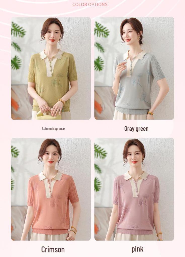 Mother's Day Stylish Ice Silk Short-Sleeve Lapel Blouse for Middle-Aged Women