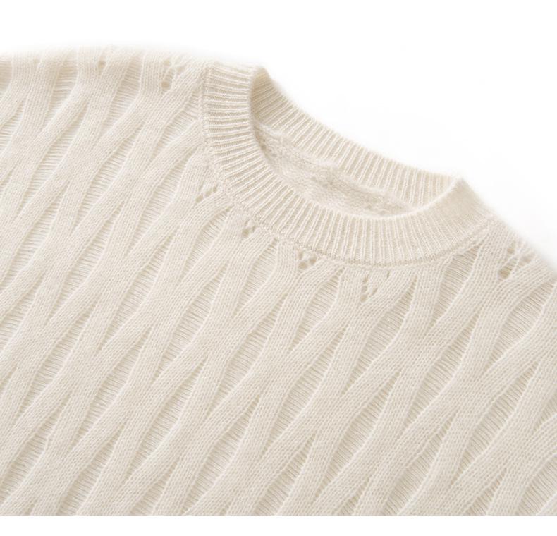 Women's 100% Pure Cashmere Hollow Out Cable Knit Round Neck Sweater - Autumn Winter Retro Pullover