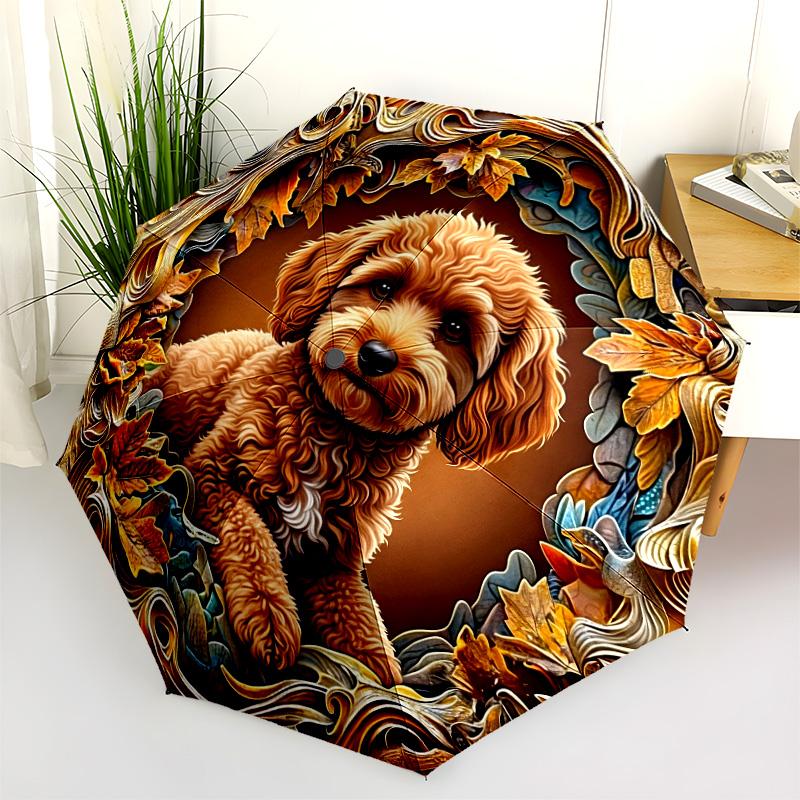 0106 Embossed Leaf Dog  Pattern, Automatic Folding Umbrella, Portable and Foldable Design, 8 Ribs, a Christmas or Birthday Gift.