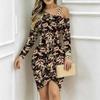Women Plus Size Cold Shoulder Long Sleeve Multicolor Wildflower Print Irregular Slit Bodycon Midi Dress